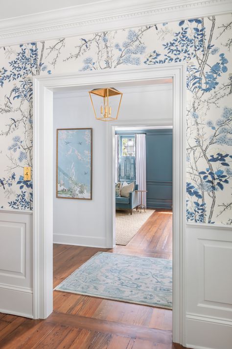 Powder Blue Entryway, Botanic Home Decor, French Blue Interior Design, House With Wallpaper, Wallpaper In Open Floor Plan, Foyer With Wallpaper, Charleston Sc Decorating Style, Charleston Houses Interior, Coastal Grandma Interior Design