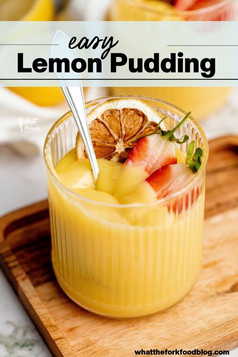 Learn how to make this simple lemon pudding recipe. Homemade pudding is easy to make and has so much more flavor than instant pudding mix! It can be eaten plain, top it with fresh fruit or whipped cream, or add it to a variety of desserts like Angel Food Cake, icebox cake, cupcakes, etc. Lemon desserts make the perfect dessert when you’re looking for something sweet but not too sweet! For more lemon recipes and gluten free recipes, follow @whattheforkblog and visit whattheforkfoodblog.com Lemon Delicious Pudding Dessert Recipes, Lemon Self Saucing Pudding, Homemade Lemon Pudding Recipe, Sugar Free Lemon Pudding Recipes, Homemade Instant Pudding Recipe, Puddings Easy Desserts, Keto Lemon Pudding, Easy Lemon Pudding, Homemade Puddings