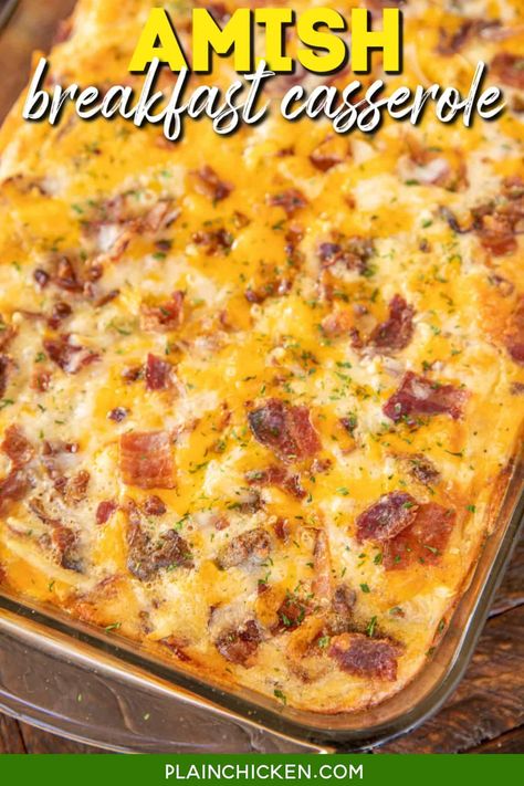 Cheesy Amish Breakfast Casserole - Plain Chicken Amish Breakfast Casserole Cottage Cheese, Amish Breakfast, Amish Breakfast Casserole, Canned Salsa, Rolls Bread, Bread Biscuits, Breakfast Casserole Bacon, Sausage Hash, Breakfast Egg Casserole