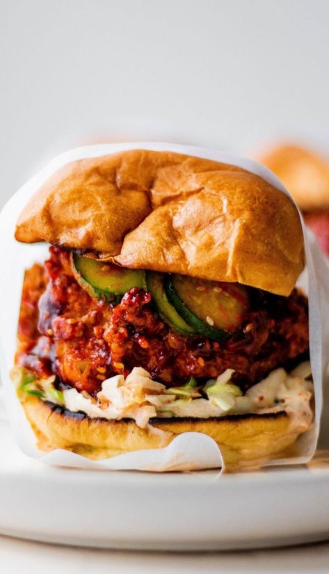 Kimchi Fried Chicken Sandwich, Asian Fried Chicken Sandwich, Spicy Crispy Chicken Burger, Kimchi Fried Chicken, Kimchi Chicken Sandwich, Thai Fried Chicken Sandwich, Orange Chicken Sandwich, Gochujang Chicken Sandwich, Fried Chicken Sandwich Ideas