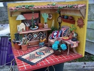 CANDID CANINE: Miniature Eye Candy: Mexican Corner Room Mexican Dollhouse, Dollhouse Styles, Mexican Miniatures, Candy Mexican, Mexican Room, Adobe Houses, Mini Scenes, Room Box Miniatures, Dollhouse Living Room