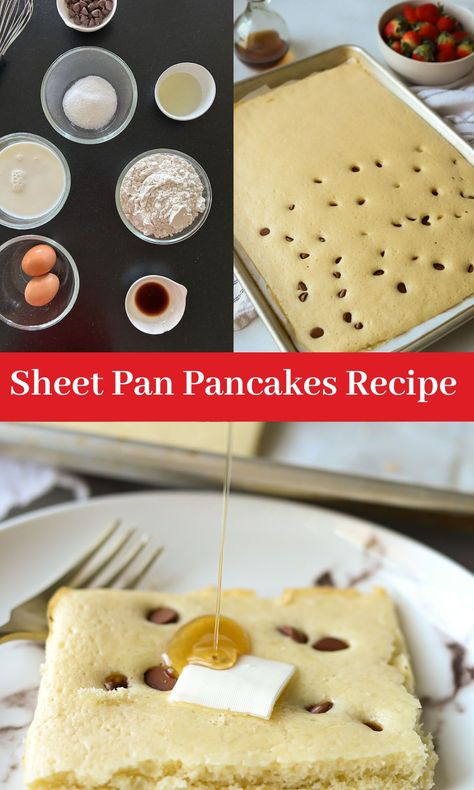 These Oven Baked Sheet Pan Pancakes from Mix are whipped up in minutes. They are so easy to make and great when feeding a crowd. No sitting at the stove flipping pancakes, just make and bake! Sheet Pan Pancakes, Caramelized Peaches, Pan Pancakes, Simply Potatoes, Easy Holiday Treats, Glazed Pecans, Pancake Toppings, Strawberry Compote, Holiday Recipes Christmas