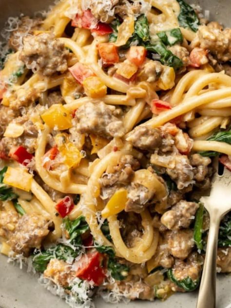 Sausage And Pepper Pasta, Peppers Pasta, Sisig Recipe, Sausage And Peppers Pasta, Creamy Parmesan Sauce, Sauteed Peppers, Pepper Pasta, Cozy Dinner, Sausage And Peppers