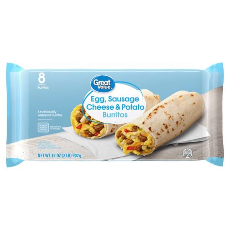 Great Value Sausage Egg and Cheese with Potatoes Breakfast Burritos, 32 oz, 8 Count, Plastic Film - Walmart.com Food From Walmart, Walmart Food Finds, Walmart Meals, Walmart Food, Potatoes Breakfast, Easy Gluten Free Desserts, Egg And Cheese, Grocery Foods, Breakfast Potatoes