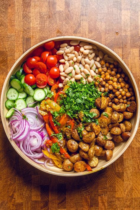 ingredients, unmixed and arranged nicely, in a bowl to make curry dense bean salad. Veggie Bean Salad, Vegan Veggie Bowl, Vegetarian Dense Bean Salad, Vegan Dense Bean Salad, Veggie Dense Meals, Dense Bean Salad Meal Prep, Dense Bean Salad Recipes Violet, Enchilada Dense Bean Salad, Dense Salad Recipes