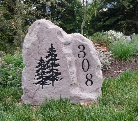 Combine your house number with a graphic to create a beautiful address boulder! Landscape Boulders, Rock Sign, Landscaping With Boulders, Number Signs, Stone Gallery, House Number Sign, Family Name Signs, House Number, Address Sign