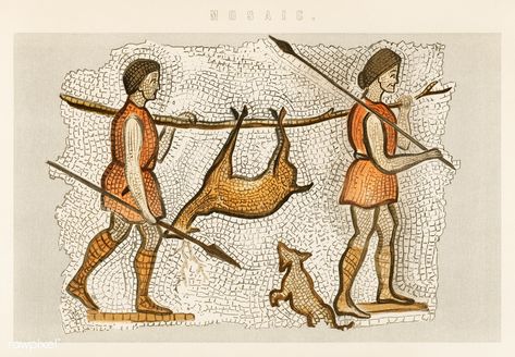 A mosaic illustration of hunter gatherers taken from William MacKenzie’s National Encyclopaedia (1891). Digitally enhanced from our own original plate. | free image by rawpixel.com Mosaic Illustration, Weak Bones, Rome Antique, Free Illustration Images, Hunter Gatherer, Celestial Art, Photo Corners, Lithograph Print, Mural Painting