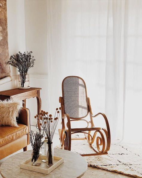 Rocking Chair Aesthetic, Rocking Chair In Living Room, Rocking Chair Living Room, Linen Sheers, White Rocking Chair, White Rocking Chairs, Baby Rocking Chair, Vintage Rocking Chair, Living Room Plan