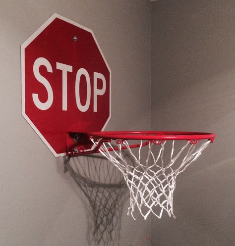 Stop sign basketball hoop. Boys room decor. Streetwear Aesthetic Room Decor, Stop Sign Decor, Basketball Hoop Room Decor, Street Aesthetic Room Decor, Non Fashion Grails Decor, Basketball Aesthetic Room Decor, Basketball Hoop In Room, Sporty Room Decor, Stop Sign Room Decor