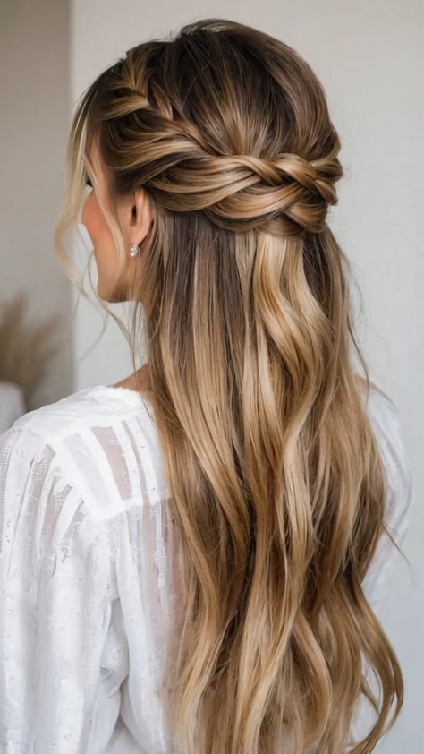 Discover 15 Stunning Half Up Half Down Wedding Hairstyles This Season - Fads Wedding Hair Half Up Half Down With Braid, Wedding Hair With Veil Medium Length, Loose Braided Half Up Half Down Hair, Wedding Simple Hairstyles For Long Hair, Half Up Bride Hair With Veil, Half Up Half Down Bridal Hair Shoulder Length, Elegant Half Up Half Down Wedding Hair With Veil, Bridal Hair No Extensions, Bride Hair Long