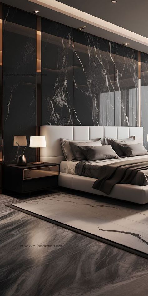 In this modern bedroom, the interior design focuses on neutral tones and textures. A striking marble headboard adds luxury to this master bedroom. Luxe Bedroom Design, Luxurious Bedrooms Master, Modern Luxury Bedroom Furniture, Marble Bedroom, Bedroom Ideas Luxury, Luxe Bed, Luxe Bedroom, Modern Luxury Bedroom, Tufted Bed