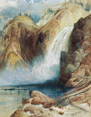 "Upper Falls of the Yellowstone," Thomas Moran, 1873, watercolor, gouache and pencil on paper, 12 ¾ x 10", private collection. Yellowstone Drawing, Artist Point Yellowstone, Yellowstone Watercolor Paintings, Yellowstone National Park Watercolor, Fishing Bridge Yellowstone, Thomas Moran, Childe Hassam, Western Landscape, Watercolor Artists