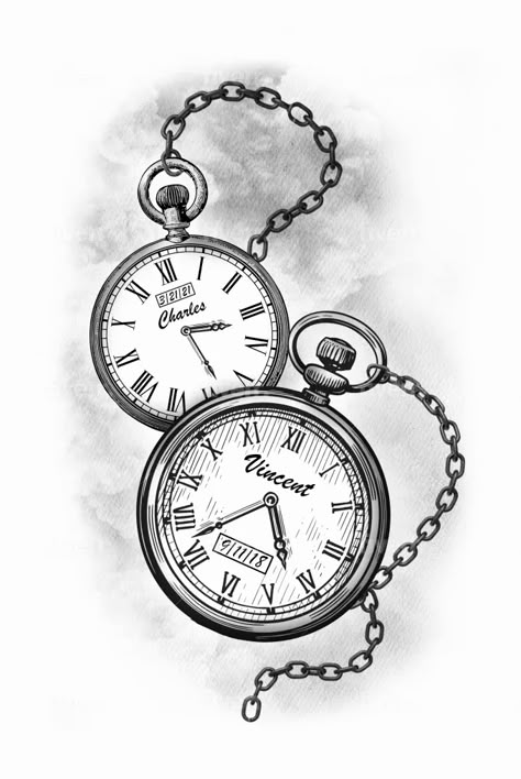 I will draw a tattoo design Pocket Watch Chain Drawing, Pocket Watch With Chain Tattoo, 3 Clocks Tattoo Design, 3 Pocket Watch Tattoo Design, Stop Watch Tattoo Designs, Stop Watch Tattoo Men, Time Watch Tattoo, Tattoo Clock Design, Clocks Tattoo Design