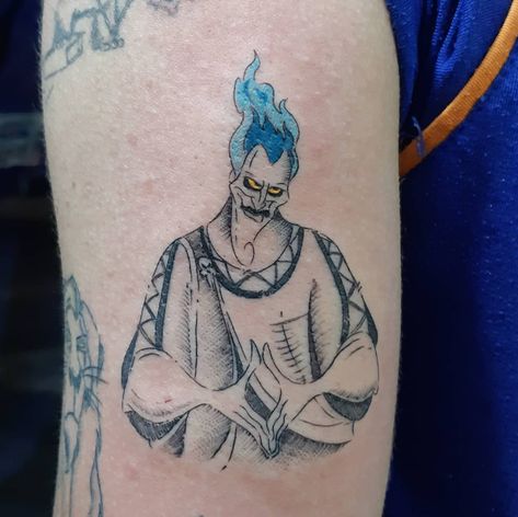 Disney Men Tattoo, Hades Tattoo Disney, Villian Tattoo Ideas, Disney Villains Tattoos, Hades Tattoo Ideas, Hercules Disney Tattoo, Disney Hercules Tattoo, Hades Tattoos, Hades Tattoo Design