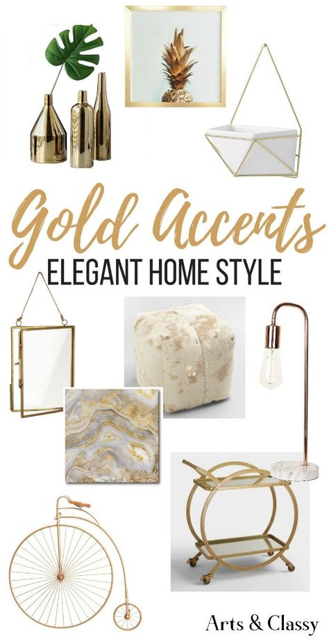 Find gorgeous gold home accents and accessories for your decor. These are some of my favorite gold home decor pieces, all at very affordable rates. Gold Home Accents, Gold Accents Bedroom, Gold Living Room Decor, Diy Home Decor For Apartments, Home Decor Pieces, Gold Home Decor, Gold Bedroom, Elegant Home, Country Style Homes