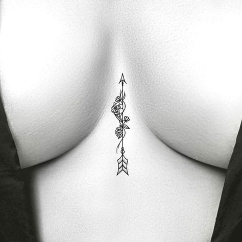 Middle Breast Tattoo, Female Chest Tattoo Ideas, Arrow Tattoo Design, Chest Tattoos For Women, Arrow Tattoo, Sternum Tattoo, Chest Tattoo, Body Tattoos, Flower Tattoos