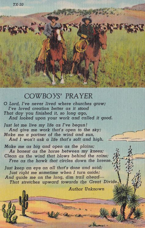 Texas Cowboy's Prayer Poem 1930s Linen Vintage Postcard Cowboy Poems, Bible Annotations, Cowboy Prayer, Cowboy Poetry, Prayer Poems, Western Frontier, Western Quotes, Cowboy Quotes, Old Western