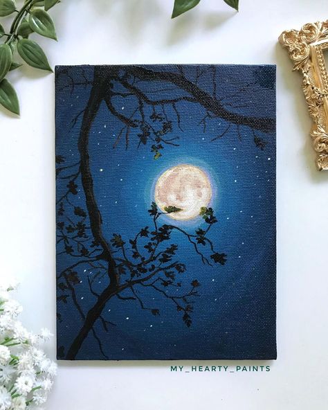 Anju | gouache,acrylics on Instagram: “Moon light night🌝✨😍 DM to buy @flashpaints_official acrylics on @anupam art canvas board Reference: @pinterestindia @persephonay…” Night Time Painting Ideas, Night Light Painting, Moon Gouache Painting, Painting Ideas On Canvas Moon, Moon Scenery Painting, Painting Ideas Night, Inspo For Painting, Watercolor Art Night, Night Painting Moonlight