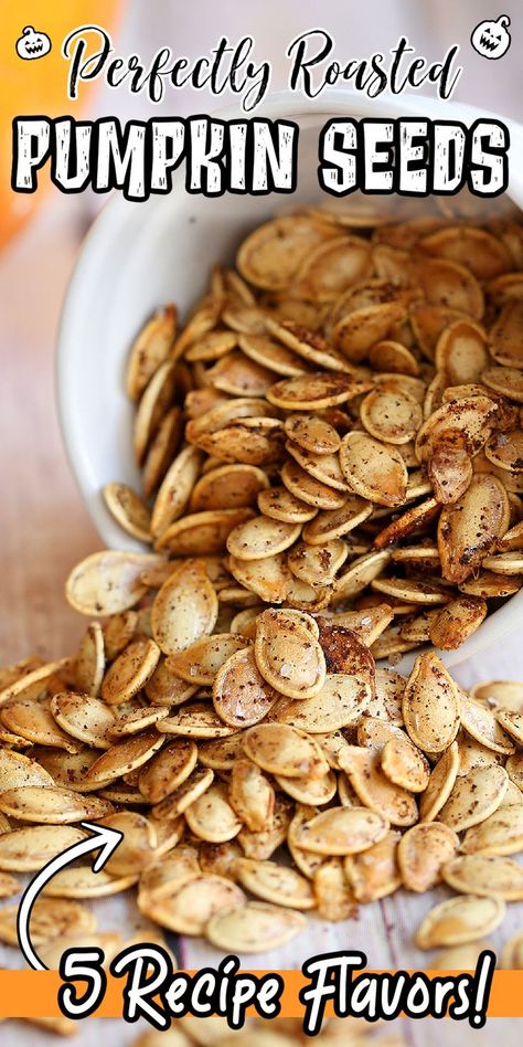 Our no-fail recipe for making the perfect ROASTED PUMPKIN SEEDS. An easy, healthy and crunchy snack for the fall season. Plus, 5 simple seasoning options you have to try! Oven Pumpkin Seeds, Roasted Pumpkin Seeds Seasoning, Cooking Pumpkin Seeds In The Oven, Pumpkin Seeds Recipe Oven, Baking Pumpkin Seeds In Oven Easy, Simple Pumpkin Seed Recipe, Roasted Pumpkin Seeds Worcestershire, Boiling Pumpkin Seeds, Homemade Roasted Pumpkin Seeds