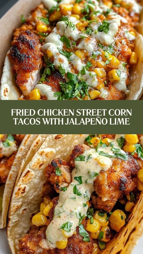 Crispy, Crunchy, and Full of Flavor! 🌮🍗 This fried chicken street corn taco is a fiesta of bold flavors, topped with tangy Jalapeño Lime Ranch. Perfect for taco night! 😋🔥 #FriedChickenTacos #StreetCornMagic #JalapenoLimeRanch #TacoFiesta #CrispyGoodness #FlavorExplosion #SpicyAndSavory #TacoNightDoneRight #MexicanEats #FiestaInEveryBite Chicken Tacos Blackstone, Crispy Chipotle Chicken Tacos, Fried Chicken Street Corn Tacos, Fried Chicken Tacos Recipe, Shrimp Street Tacos, Chicken Street Corn, Taco Dinner Ideas, Street Corn Tacos, Street Tacos Chicken