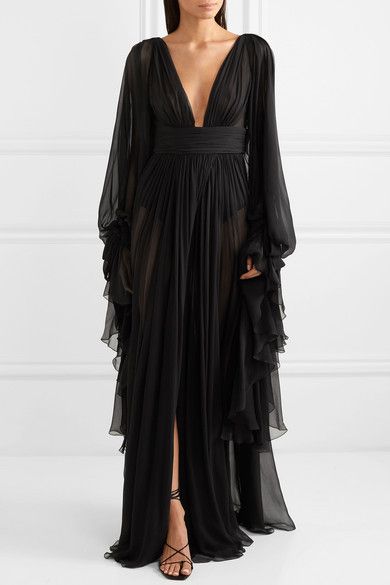 Black Chiffon Gown, Ruffled Chiffon Dress, Black Dress Chiffon, Black Fantasy Dress, Chiffon Layered Dress, Black Chiffon Dress, Fantasy Closet, Black Chiffon, Chiffon Gown