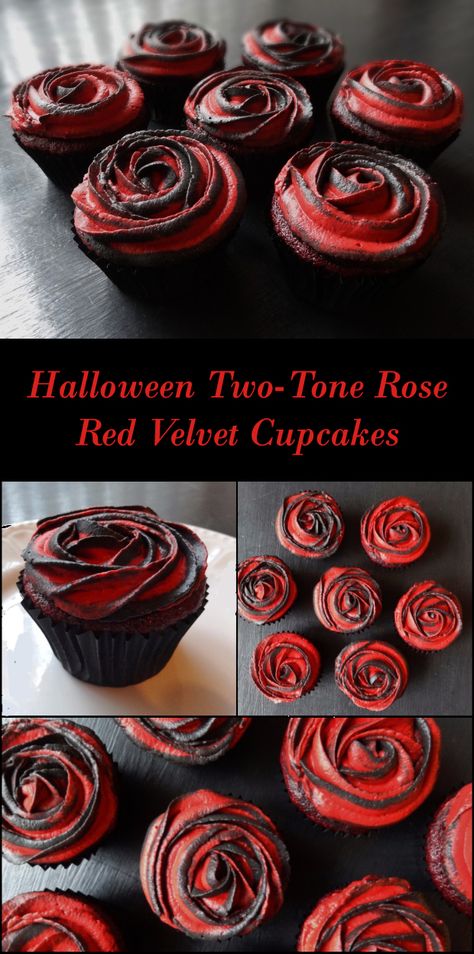 RECIPE: Two-Tone Rose Red Velvet Cupcakes. Red velvet cake has a mild chocolate flavour which comes from adding a small amount of cocoa powder to the batter. Halloween Frightening French Fête Parisienne Party Theme Decorating & Food Ideas Sweeney Todd Themed Food, Horror Themed Cupcakes, Gothic Baked Goods, Red Velvet Cupcakes Halloween, Phantom Of The Opera Food Ideas, Horror Cupcakes Ideas, Adams Family Cupcakes, Red Velvet Cake Halloween, Vampire Cupcakes Ideas