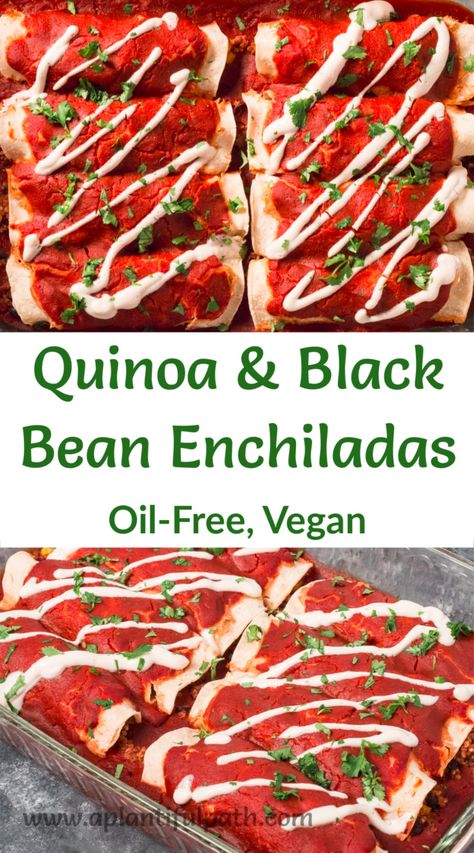 These Quinoa and Black Bean Enchiladas are easy to make, and are super delicious! Satisfy your Mexican cravings while staying on your oil-free plant based diet. Make the rich and flavorful enchilada sauce as spicy or mild as you wish by adjusting the spices. Vegan Enchiladas, Oil Free Vegan Recipes, Black Bean Enchiladas, Bean Enchiladas, Vegan Mexican Recipes, Easy Vegan Dinner, Vegan Main Dishes, Oil Free Vegan, Vegan Comfort Food