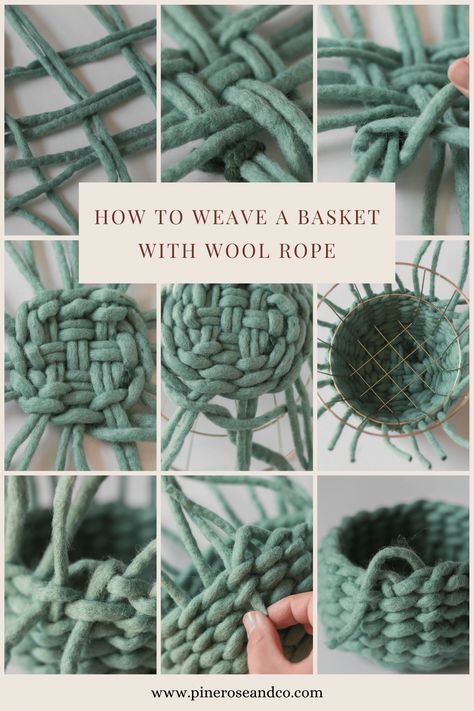 How to Weave a Basket with Wool Rope I just love how easy they are to make and you only need one material, wool rope! Once you know the basics of making a woven rope basket, the possibilities are pretty much endless. You can play with different basket forms and shapes, changing colors, mixing up materials, adding fun elements like tassels or pom-poms, etc. With step-by-step pictures, you'll be making beautiful baskets in no time!! Basket Weaving With Yarn, Weaving A Basket, Yarn Basket Weaving Diy, Basket Weaving Tutorial, Rope Basket Weaving, Weaving Baskets Diy Tutorials, Easy Basket Weaving, Coiled Baskets Diy, Rope Making