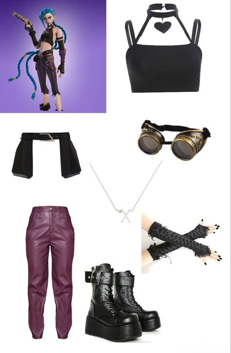 Arcane Jinx Inspired Outfits, Vi Arcane Inspired Outfit, Jinx Style Clothes, Jinx Arcane Outfit Inspired, Vi Inspired Outfits Arcane, Arcane Halloween Costume, Jinx Goggles, Jinx Halloween Costume, Arcane Aesthetic Outfits