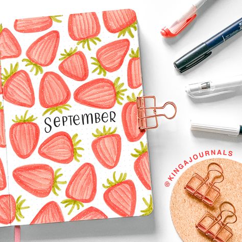 bullet journal september strawberry cover page ideas bullet journal laying on the desk filled with strawberry doodles and lettering inspiration for bullet journal beginners for your bullet journal ideas inspo page cover Cover Page Journal Ideas, May Journal Page, Bullet Journal Themes 2024, September Journal Page, Month Cover Page Bullet Journal, 2024 Journal Cover Page, September Cover Page Bullet Journal, Bullet Journal Ideas Portada, Bullet Journal 2024 Cover Page