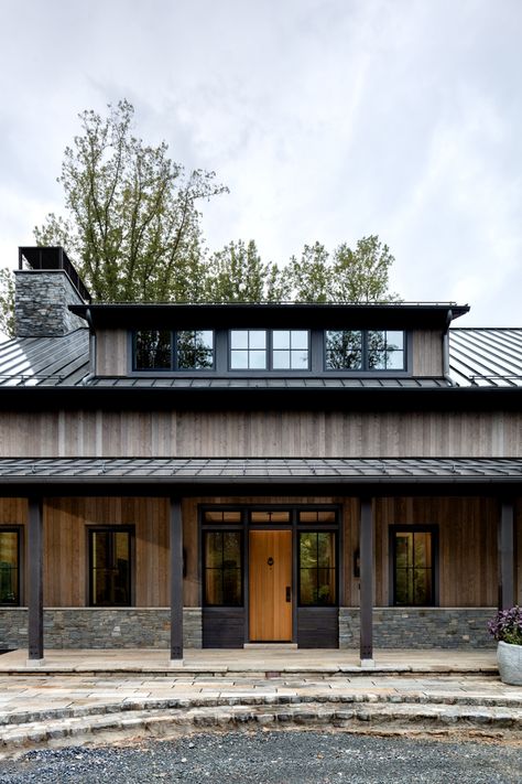 Millwood Residence :: ZEPHYR weathered Atlantic White Cedar, SURETO shou sugi ban charred Cypress, and WASHOE weathered Alaskan Yellow Cedar - reSAWN TIMBER co. Great Falls Virginia, Wood Siding Exterior, Ceiling Cladding, Natural Building Materials, Roof Work, Rural Architecture, Outdoor Living Rooms, Sugi Ban, Shou Sugi Ban