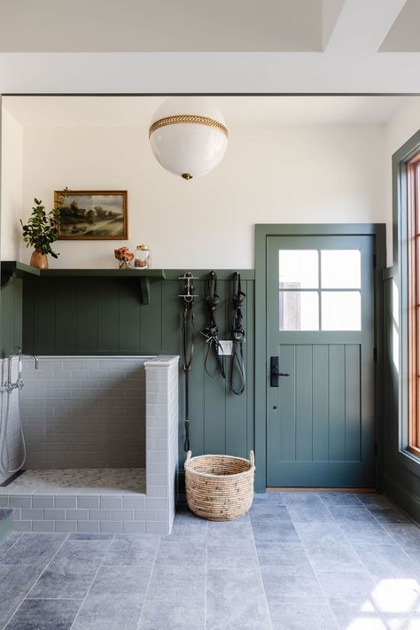 Moody Green Mudroom, Mudroom Door Interior, Monochromatic Mudroom, Mudroom Architecture, Small Laundry Mud Room, Laundry Mud Room Off Garage, Dog Mud Room Ideas, Garden Mudroom, Farm Mudroom