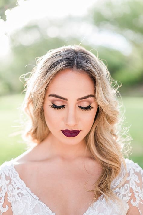 Moody and Dramatic Bridal Makeup with a Deep Red Lip Wedding Makeup On Fair Skin, Natural Wedding Makeup With Red Lips, Moody Wedding Makeup Inspiration, Moody Fall Bridal Makeup, Wedding Full Face Makeup, Bridal Makeup Maroon Lips, November Wedding Makeup Brides, Classic Makeup Wedding, Winter Bride Makeup Wedding Day