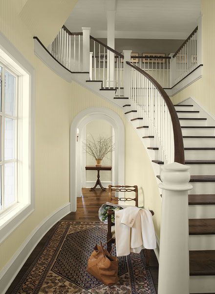 Yellow paint color scheme for hallways and entryways from Benjamin Moore.    Cream 2159-60  upstairs is AF-155 weimeraner Benjamin Moore Yellow, Bleeker Beige, Hallway Colour Schemes, Tan Paint Colors, Best Gray Paint, Yellow Paint Colors, Color Combinations Paint, Apartment Makeover, Paint Inspiration