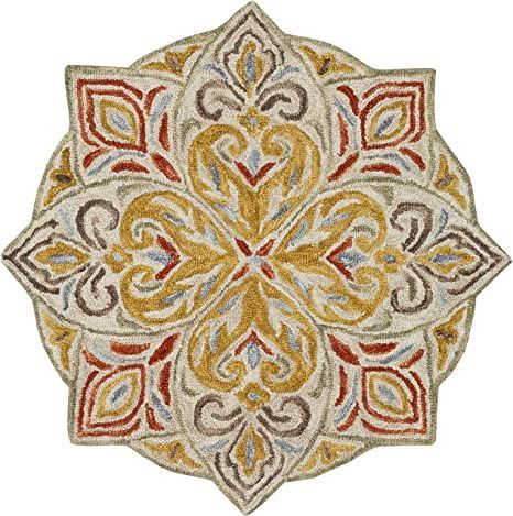 Mark&Day Area Rugs, 5ft Ain Bohemian Mustard Round Area Rug Cream Yellow Red Carpet for Living Room, Bedroom or Kitchen (5' Round) Mustard Yellow Decor, Mustard Rug, Surya Rug, Yellow Decor, Hooked Wool, Round Area Rug, Surya Rugs, Rug Direct, Whimsical Fashion