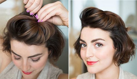 Use bobby pins to add a pompadour to your hair. Ways To Style Short Hair, Androgynous Haircut, Style Short Hair, Short Hair Bride, Short Hairdos, Short Brown Hair, Pin Up Hair, Ombré Hair, Short Wedding Hair