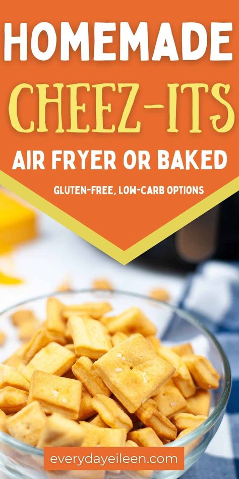 Homemade Cheez-Its can be either Air Fried or Baked in the oven for a great tasting DIY Cheese cracker. The cheddar flavors are fresh and bold. These crackers are a hit with the family and kids love these crackers. We have included both Gluten-free and Low-carb options for these tasty easy baking treats. via @/everydayeileen/ Diy Cheese Crackers, Easy Baking Treats, Gluten Free Cheez Its, Cheez It Recipe, Homemade Cheez Its, Homemade Cheese Crackers, Cheesy Crackers, Healthy Crackers, Diy Cheese