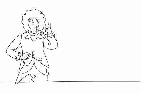 Continuous one line drawing female clown with thumbs-up gesture, wearing a wig and smiling face make-up, entertaining kids at a festive birthday. Single line draw design vector graphic illustration Simple Clown Face Drawing, Clown Line Art, Clown Juggling Drawing, Clown Holding Balloons Drawing, Face Line Art Frame, Entertaining Kids, Drawing Female, Female Clown, Single Line Drawing