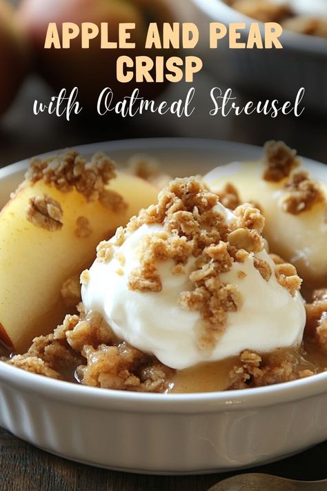 End your meal with apple and pear crisp, topped with a crunchy oatmeal streusel for a warm, fruity dessert. #ApplePearCrisp #HolidayDesserts Apple And Pear Desserts, Apple And Pear Crumble, Pear Crisp With Canned Pears, Pear And Apple Recipes, Pear Apple Crisp, Apple Pear Crisp, Crunchy Oatmeal, Spiced Oatmeal, Fruity Dessert