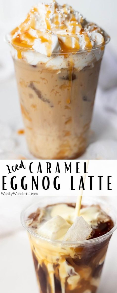 This Iced Caramel Eggnog Latte is super simple with just three ingredients and about 2 minutes you can skip that Starbucks drive-thru! Eggnog Latte Recipe, Eggnog Coffee, Eggnog Latte, Peppermint Hot Cocoa, Tasty Drinks, Single Serving Recipes, Beverage Recipes, Delicious Drink Recipes, Coffee Drink Recipes