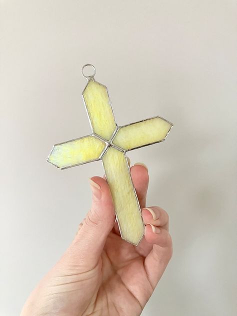 Stained Glass Cross, Iridescent Yellow Cross, Lead Free Stained Glass, Cross Suncatcher, Cross Ornament, Christian Gift - Etsy Small Suncatchers, Cross Suncatcher, Stained Glass Cross, Diy Stained Glass Window, Stained Glass Gifts, Stained Glass Patterns Free, Glass Cross, Stained Glass Decor, Glass Art Projects