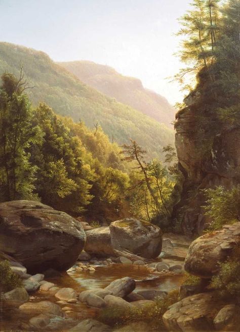 Harriet Cany Peale (1800?1869) "Kaaterskill Clove," 1858 Oil on canvas, 36 x 25 in. Private Collection Nft Background, Hudson River School Paintings, School Landscape, House Exhibition, Carl Spitzweg, Female Painters, Hudson River School, River Painting, Landscape Model