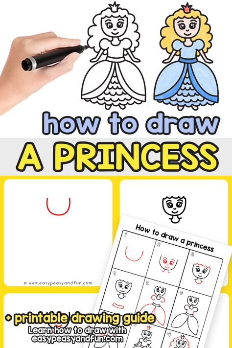 How to Draw a Princess - Step by Step Drawing Tutorial - Easy Peasy and Fun Princess Step By Step Drawing, Fox Drawing Tutorial, Tree Drawings Pencil, Turtle Drawing, Kids Worksheets Printables, Marker Paper, Art Lessons For Kids, Princess Drawings, Homeschool Art