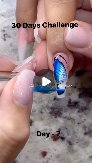 Deepika Bisht on Instagram: "Day-7 butterfly 🦋 nail art." Blue Butterfly Nails Acrylics, Nails Inspo Butterfly, Butterfly Nails Tutorial, Butterfly Nail Art Tutorial, Butterflies Nails Acrylics, Nail Art Papillon, Butterfly Nails, Butterfly Nail Art, Butterfly Nail