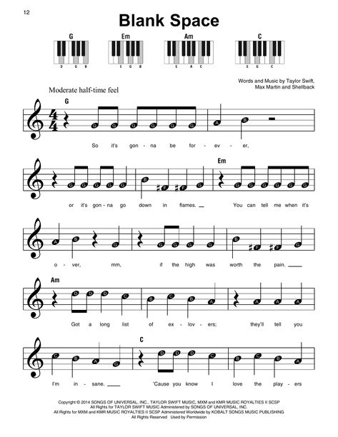 Blank Space by Taylor Swift Sheet Music for Super Easy Piano at Sheet Music Direct Taylor Swift Piano, Taylor Swift Blank Space, Blank Space Taylor Swift, Taylor Swift Guitar, Blank Space Taylor, Blank Sheet Music, Space Music, Easy Piano Sheet Music, Piano Music Notes