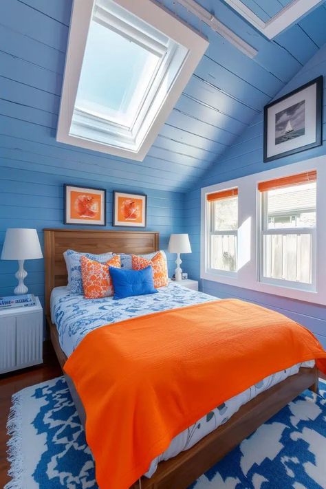 24 Orange and Blue Bedroom Ideas For a Bold Look Blue Room Orange Accents, Navy And Orange Bedding, Orange And Blue Room Aesthetic, Blue And Orange Boys Room, Orange Blue Bedroom, Blue And Orange Bedroom Ideas, Orange And Blue Bedroom, Orange Boys Rooms, Hallway Colors