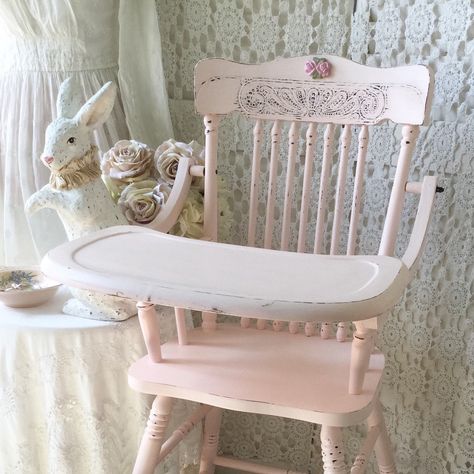 Beautiful vintage pressed back highchair painted in the prettiest shade of shabby pale pink ! Perfect for your little ones first birthday, cake smash or everyday use ! Available at Fanny Pippin Pink Nursery Chair, Vintage Pink Nursery, Pink House Interior, Vintage High Chairs, Wooden High Chairs, First Birthday Cake Smash, Baby Bug, Nursery Room Design, Baby Room Inspiration