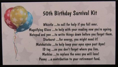 50th Birthday Survival Kit, Birthday Gifts For Students, Birthday Survival Kit, Birthday Jokes, Moms 50th Birthday, 50th Birthday Ideas, Gifts For Students, Turning 50, 50 Birthday