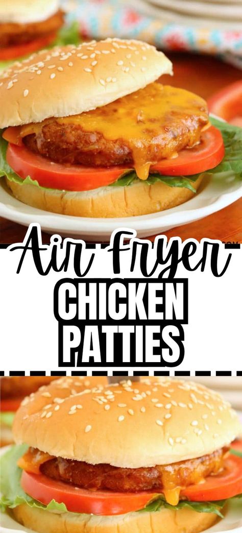 Collage of air fryer chicken sandwiches at top and bottom. Frozen Chicken Patty Sandwich, Chicken Patty Recipes Frozen, Air Fryer Chicken Patties, Tyson Chicken Patties, Chicken Patty Recipes, Easy Air Fryer Chicken, Fried Chicken Sandwiches, Crispy Air Fryer Chicken, Chicken Patty