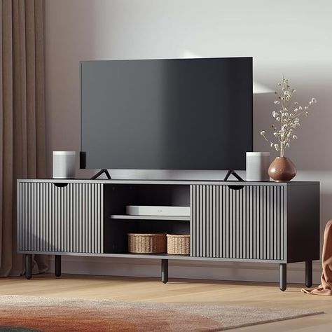 Amazon.com: Contemporary Fluted TV Stand - Media Console - 70 Inch Entertainment Center with Storage - Console Table for Living Room and Bedrooms - Supports 32 to 80" TVs - Soft-Close Cabinet Doors (Black) : Home & Kitchen Fluted Panel Tv Console, Black Modern House Decor, Table For Under Tv, Classy Home Decor Living Room, Tv Stand Decor Living Room Apartment, Modern Farmhouse Tv Stand Decor, Black Tv Stand Decor, Tv Stand Living Room Ideas, 75 Inch Tv Stand Ideas